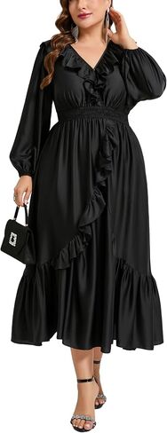 حجم كبير كشكش كم طويل الخامس الرقبة Smocked الخصر ماكسي فستان ستان كوكتيل رسمي زفاف ضيف عطلة فساتين in Kuwait