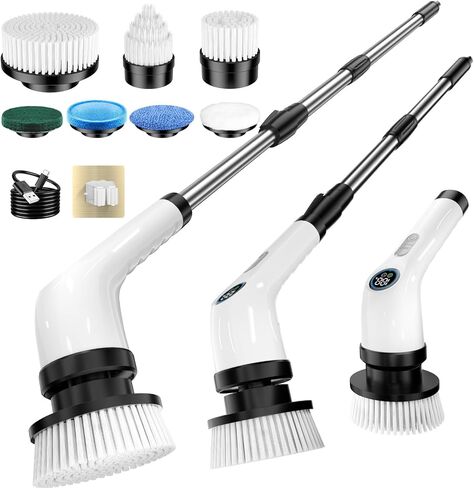 Electric Spin Scrubber, Full-Body IPX7 Waterproof Cordless Power Cleaning Brush with Adjustable Extension Handle, 2-Speed Shower Scrubber with 7 Replaceable Brush Heads for Bathroom, Kitchen Cleaning in Saudi Arabia