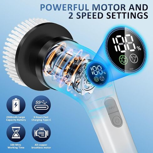 Electric Spin Scrubber, Full-Body IPX7 Waterproof Cordless Power Cleaning Brush with Adjustable Extension Handle, 2-Speed Shower Scrubber with 7 Replaceable Brush Heads for Bathroom, Kitchen Cleaning in Saudi Arabia
