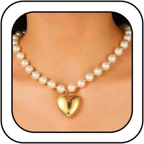 Dainty Beaded Pearl Choker Y2k Heart Pendant Necklace for Women, Chunky Round Pearls Chain Charm Puffy Love Shaped Trendy Aesthetic Prom Jewelry Gift in Saudi Arabia