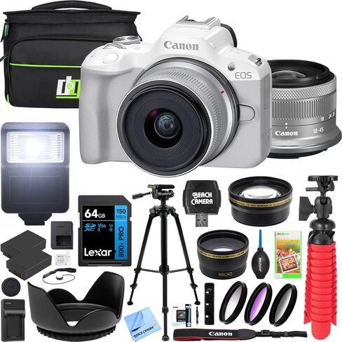 Canon EOS R50 Mirrorless Camera (أسود) مع RF-S 18-45mm F4.5-6.3 هي حزمة STM Lens 5811C012 مع حقيبة التصوير الفوتوغرافي DECO + 2 بطارية + ترايبود + علامات زاوية واسعة in Kuwait