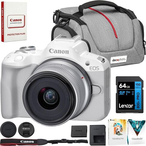 Canon EOS R50 Mirrorless Camera (أسود) مع RF-S 18-45mm F4.5-6.3 هي حزمة STM Lens 5811C012 مع حقيبة التصوير الفوتوغرافي DECO + 2 بطارية + ترايبود + علامات زاوية واسعة in Kuwait