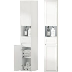 Tall Narrow Storage Cabinet with 2 Doors, 1 Hidden & Open Shelf - 4-Tier Bathroom Storage Organizer, Only 12" Wide Space-Saving Floor or Wall Cabinet for Bathroom, Small Spaces (65" H, Embossed White) in Saudi Arabia
