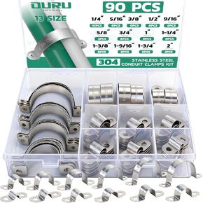 مجموعة متنوعة من مشابك القناة 90 قطعة من OURU 304 من الفولاذ المقاوم للصدأ، 16 مقاسًا (1/4 بوصة - 4 بوصة) دعامة مشبك أنابيب معدنية صلبة على شكل حرف U، شريط أنبوب بفتحتين للسيارات والأسلاك والأنابيب in Kuwait