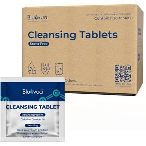 قرص التنظيف Bluevua، 20 عبوة، متوافق مع أنظمة RO على سطح الطاولة، تركيبة ثاني أكسيد الكلور، يزيل الروائح والتراكمات العضوية in Kuwait