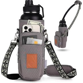 Water Bottle Bag with RFID Protection for Women - Crossbody Water Bottle Holder for Sports Moms with Adjustable Strap Fits 40 oz - Hands Free Carrier Purse for Hiking and Walking Grey in Saudi Arabia