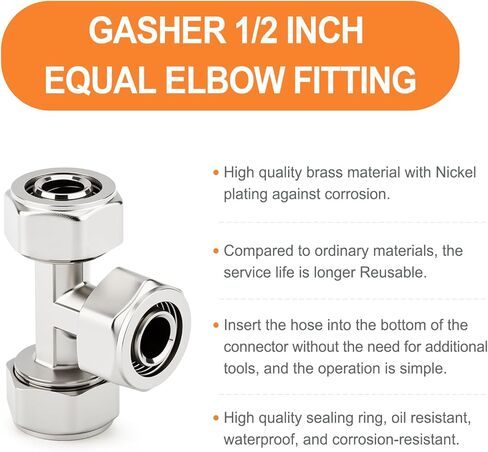 GASHER 1PCS 1/2" Air Line Tee Compressed Air Fittings, Brass-Nickel Plated T Air Hose Fittings in Saudi Arabia