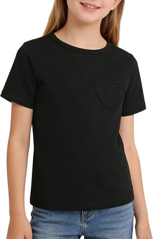1-14Y طفل الفتيات قميص طفلة بلوزة بلون قصيرة الأكمام القلب جيب تي شيرت عادية القطن المحملة عادي in Kuwait