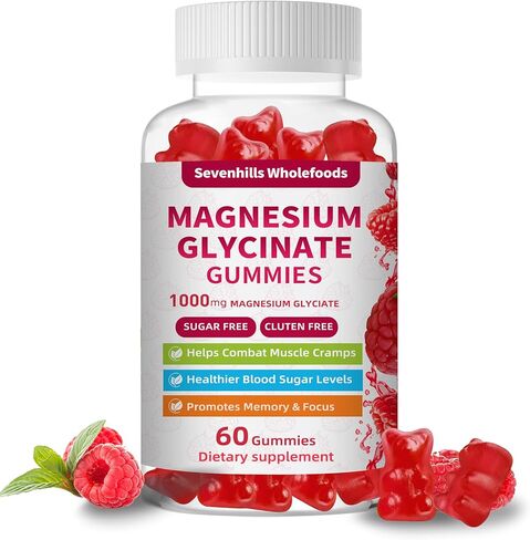 Magnesium Glycinate Gummies 1000mg - Sugar Free Magnesium Potassium Supplement for Relaxation, Calm, Stress Relief, and Sleep Support for Adults & Kids - 60 Raspberry Gummies in Saudi Arabia