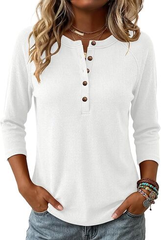 ANRABESS Women's 3/4 Sleeve Waffle Knit Tops V Neck Dressy Casual Button Loose Henley Shirts 2026 Spring Basic Tee Blouse in Saudi Arabia