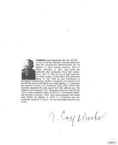 Athlon Sports CTBL-023737 8.5 x 11 Jorg Czypionka Signed WWII German ME-262 Luftwaffe Pilot Black & White Bio Letter with Pic - JSA Hologram No. DD64270 in Kuwait