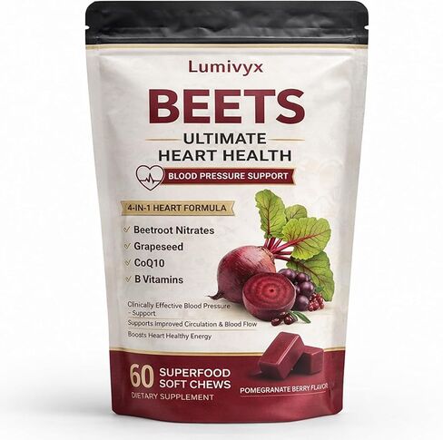 Beet Root Chews - Nitric Oxide Supplement with 500mg Beetroot, 100mg CoQ10 & 150mg Grape Seed Extract - Supports Healthy Circulation & Natural Energy - Pomegranate Berry Flavor, 60 Chews in Saudi Arabia