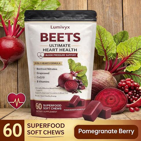 Beet Root Chews - Nitric Oxide Supplement with 500mg Beetroot, 100mg CoQ10 & 150mg Grape Seed Extract - Supports Healthy Circulation & Natural Energy - Pomegranate Berry Flavor, 60 Chews in Saudi Arabia
