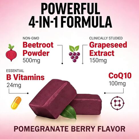 Beet Root Chews - Nitric Oxide Supplement with 500mg Beetroot, 100mg CoQ10 & 150mg Grape Seed Extract - Supports Healthy Circulation & Natural Energy - Pomegranate Berry Flavor, 60 Chews in Saudi Arabia