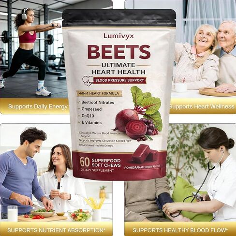 Beet Root Chews - Nitric Oxide Supplement with 500mg Beetroot, 100mg CoQ10 & 150mg Grape Seed Extract - Supports Healthy Circulation & Natural Energy - Pomegranate Berry Flavor, 60 Chews in Saudi Arabia