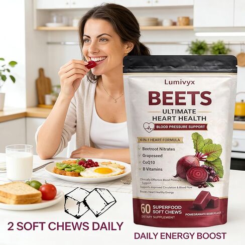 Beet Root Chews - Nitric Oxide Supplement with 500mg Beetroot, 100mg CoQ10 & 150mg Grape Seed Extract - Supports Healthy Circulation & Natural Energy - Pomegranate Berry Flavor, 60 Chews in Saudi Arabia