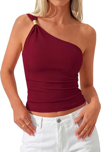 PRETTYGARDEN One Shoulder Going Out Tops for Women 2026 Summer Trendy Sleeveless Fitted Ribbed Shirts Spring Y2K Clothes in Saudi Arabia