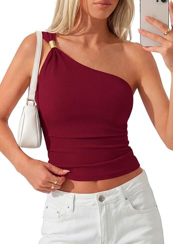 PRETTYGARDEN One Shoulder Going Out Tops for Women 2026 Summer Trendy Sleeveless Fitted Ribbed Shirts Spring Y2K Clothes in Saudi Arabia