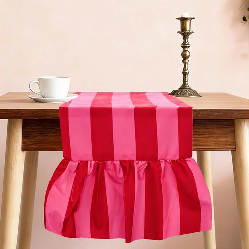 JarThenaAMCS Ruffle Table Runner Boho Pink Red Striped Rectangle Decorative Table Decoration for Farmhouse Home Kitchen Baby Bridal Shower Wedding Party Decor, 12 x 71 Inch in Saudi Arabia