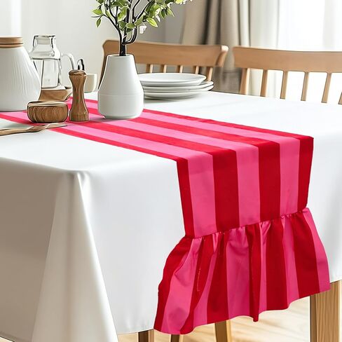 JarThenaAMCS Ruffle Table Runner Boho Pink Red Striped Rectangle Decorative Table Decoration for Farmhouse Home Kitchen Baby Bridal Shower Wedding Party Decor, 12 x 71 Inch in Saudi Arabia