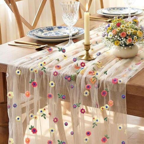 AerWo White Floral Table Runner, 10FT Lace Embroidery Daisy Sheer Chiffon Spring Table Runners 120 Inches Long, Tulle Fabric Table Decorations for Party Holiday Dining Wedding Shower Decorations in Saudi Arabia