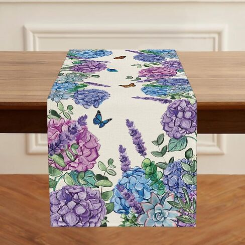 Spring Hydrangea Floral Table Runner Farmhouse Burlap Butterfly Flowers Seasonal Outdoor Summer Home Dining Centerpiece for Home Decor 13x72 Inch in Saudi Arabia