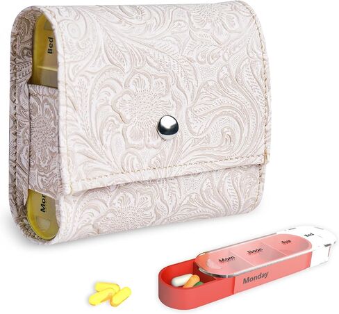 Pill Organizer,Haecsfl Weekly Travel Pill Case Box Medication Reminder Daily AM PM, Day Night 7 Compartments,for 4 Times A Day, 7 Days a Week-Includes Leather PU Carrying Case(1-Carved Black) in Saudi Arabia