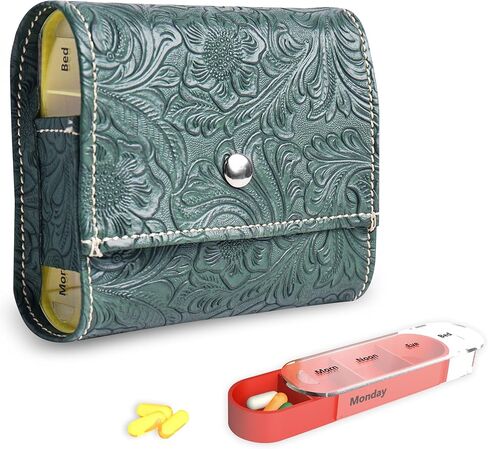 Pill Organizer,Haecsfl Weekly Travel Pill Case Box Medication Reminder Daily AM PM, Day Night 7 Compartments,for 4 Times A Day, 7 Days a Week-Includes Leather PU Carrying Case(1-Carved Black) in Saudi Arabia