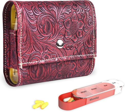 Pill Organizer,Haecsfl Weekly Travel Pill Case Box Medication Reminder Daily AM PM, Day Night 7 Compartments,for 4 Times A Day, 7 Days a Week-Includes Leather PU Carrying Case(1-Carved Black) in Saudi Arabia