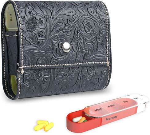 Pill Organizer,Haecsfl Weekly Travel Pill Case Box Medication Reminder Daily AM PM, Day Night 7 Compartments,for 4 Times A Day, 7 Days a Week-Includes Leather PU Carrying Case(1-Carved Black) in Saudi Arabia