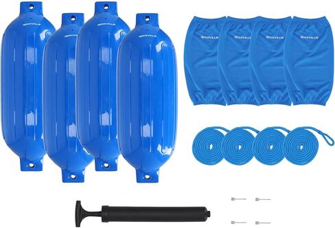 حزمة Rockville Boat Fender مقاس 10 × 30 بوصة مصدات بحرية مع أغطية وخطوط قفص الاتهام ومضخة in Kuwait