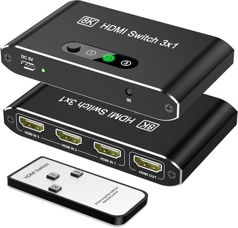 HDMI 2.1 Switch 3 in 1 Out ، 8K HDMI Splitter Switcher ، يدعم 4K@120Hz ، 8K@60Hz ، 48GBPS Ultra HDMI Box ، قشرة الألومنيوم ، متوافقة مع PS4/PS5 ، Xbox ، Fire Stick ، ​​Apple TV ، HD TV. in Kuwait