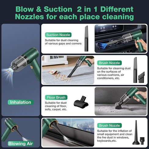 Car Vacuum Portable 4 in 1 Vacuum Cleaner 12000Pa Mini Handheld Vacuum Cordless Rechargeable 120W High Power Vacuum Cleaner & Air Duster Multi-Nozzles for Car Home Office Pet(Green) in Saudi Arabia
