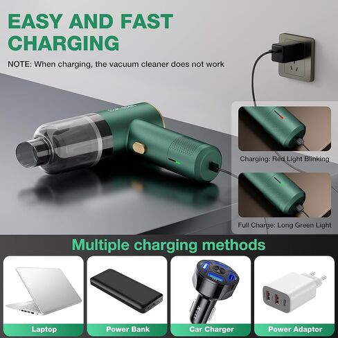 Car Vacuum Portable 4 in 1 Vacuum Cleaner 12000Pa Mini Handheld Vacuum Cordless Rechargeable 120W High Power Vacuum Cleaner & Air Duster Multi-Nozzles for Car Home Office Pet(Green) in Saudi Arabia