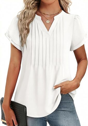 Funlingo Womens Blouses Dressy Casual Short Petal Sleeve Tops Business Summer Pintuck Chiffon Tops 2026 in Saudi Arabia
