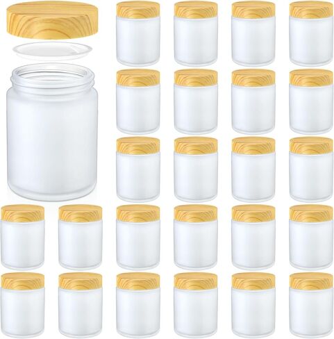Norme 24 Pcs 4oz Glass Jars with Lids Empty Small Glass Containers and Inner Liners Reusable Cosmetic Jars Round Airtight Bottles with Plastic Woodgrain Lids(Frosted Style,Translucent) in Saudi Arabia