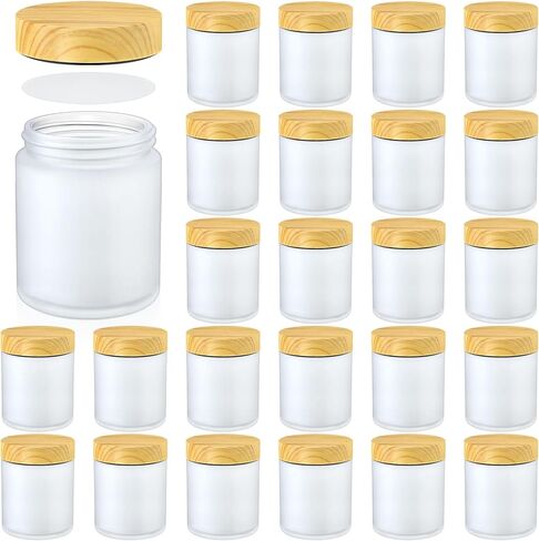Norme 24 Pcs 4oz Glass Jars with Lids Empty Small Glass Containers and Inner Liners Reusable Cosmetic Jars Round Airtight Bottles with Plastic Woodgrain Lids(Frosted Style,Translucent) in Saudi Arabia