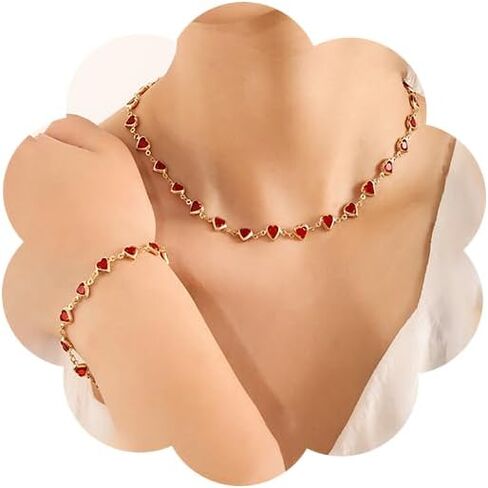 Trendy Colorful Rhinestone Hearts Beaded Necklace Bracelet Set for Women Dainty Multicolor Crystal Gold Chain Necklace Bracelet Sweet Valentine's Day Beach Vacation Jewelry Set in Saudi Arabia