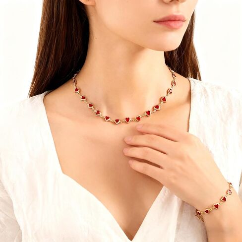 Trendy Colorful Rhinestone Hearts Beaded Necklace Bracelet Set for Women Dainty Multicolor Crystal Gold Chain Necklace Bracelet Sweet Valentine's Day Beach Vacation Jewelry Set in Saudi Arabia