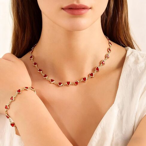 Trendy Colorful Rhinestone Hearts Beaded Necklace Bracelet Set for Women Dainty Multicolor Crystal Gold Chain Necklace Bracelet Sweet Valentine's Day Beach Vacation Jewelry Set in Saudi Arabia
