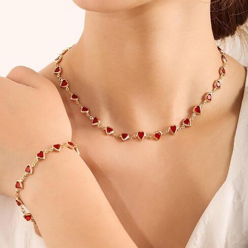 Trendy Colorful Rhinestone Hearts Beaded Necklace Bracelet Set for Women Dainty Multicolor Crystal Gold Chain Necklace Bracelet Sweet Valentine's Day Beach Vacation Jewelry Set in Saudi Arabia
