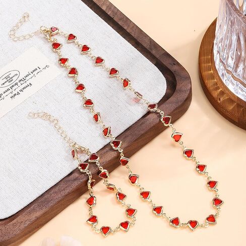 Trendy Colorful Rhinestone Hearts Beaded Necklace Bracelet Set for Women Dainty Multicolor Crystal Gold Chain Necklace Bracelet Sweet Valentine's Day Beach Vacation Jewelry Set in Saudi Arabia