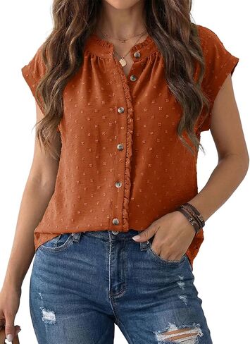 Dokotoo Womens Summer Tops Ruffle Crewneck Short Sleeve Button Down Shirts Boho Chiffon Blouses in Saudi Arabia