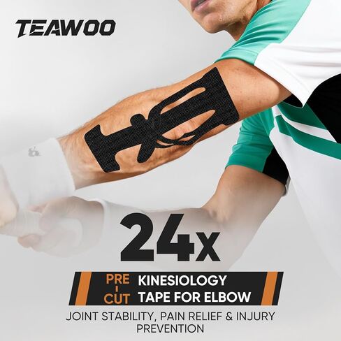 شريط علم الحركة TEAWOO مسبق القطع للمرفق، 24 قطعة، شريط رياضي مقاوم للماء وجيد التهوية، التصاق ومرونة معززة، دعم لتخفيف آلام الكوع للرياضة والاستخدام اليومي in Kuwait