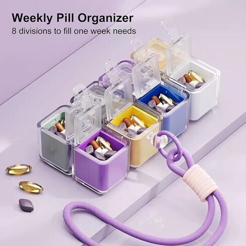 حقيبة تنظيم حبوب الدواء للسفر من لونجيت، صندوق دواء أسبوعي مع 8 حجرات، محمولة مع حزام (متعددة الألوان) in Kuwait