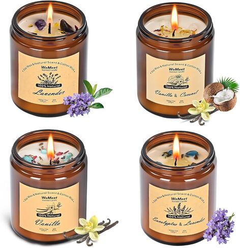 شموع معطرة للمنزل مكونة من قطعتين، شمعة معطرة بالفانيليا مع زهور مجففة، شموع الصويا بجوز الهند والفانيليا مع كريستالات، مجموعة شموع لخلق أجواء مريحة in Kuwait