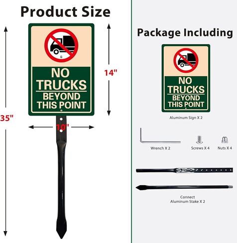 2 Pack No Trucks Beyond This Point Sign - 10" x 14" Reflective Aluminum Signs with 34.6" Metal Stakes, Rust-Free, UV & Weatherproof No Trucks Sign for Driveways, Private Roads, and Outdoor Use in Kuwait