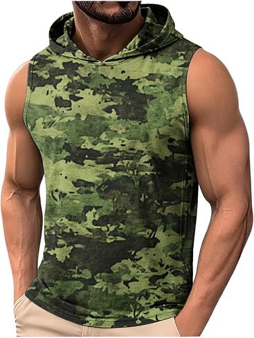 قمصان مموهة بدون أكمام للرجال، قمصان بقلنسوة للتمرين، قمصان رياضية للعضلات، قمصان صيفية بقلنسوة in Kuwait