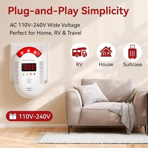 قطعتان من كاشفات الغاز وأول أكسيد الكربون، عرض رقمي تيار متردد 110 ~ 240 فولت، إنذار تسرب الغاز الطبيعي، كاشف غاز بروبان الميثان للمنزل، المطبخ، المرآب، الشقة، واستخدام السفر in Kuwait