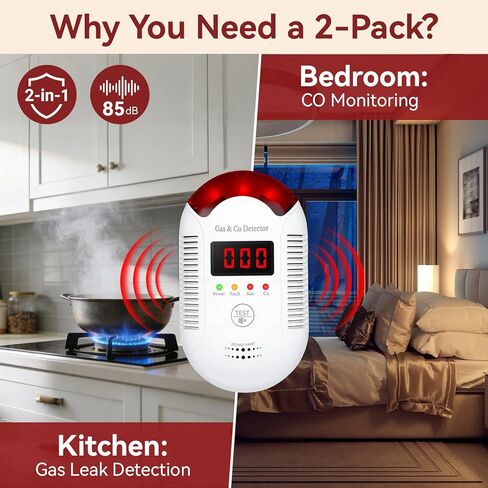 قطعتان من كاشفات الغاز وأول أكسيد الكربون، عرض رقمي تيار متردد 110 ~ 240 فولت، إنذار تسرب الغاز الطبيعي، كاشف غاز بروبان الميثان للمنزل، المطبخ، المرآب، الشقة، واستخدام السفر in Kuwait